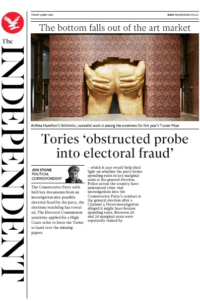 The Independent Newspaper Front Page (UK) for 13 May 2016