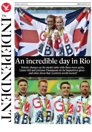 The Independent Newspaper Front Page (UK) for 13 August 2016