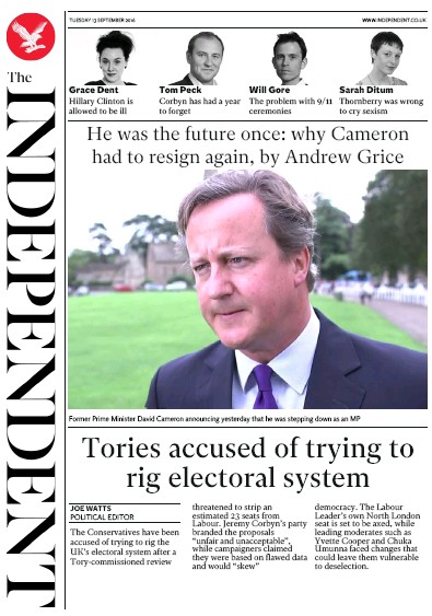 The Independent Newspaper Front Page (UK) for 13 September 2016