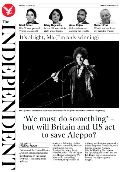 The Independent Newspaper Front Page (UK) for 14 October 2016