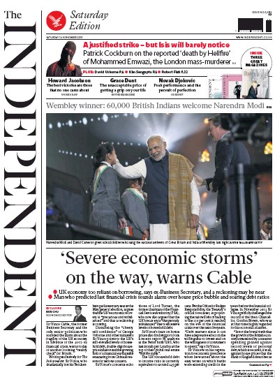 The Independent Newspaper Front Page (UK) for 14 November 2015