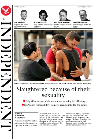 The Independent Newspaper Front Page (UK) for 14 June 2016