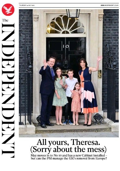 The Independent Newspaper Front Page (UK) for 14 July 2016