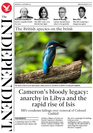 The Independent Newspaper Front Page (UK) for 14 September 2016