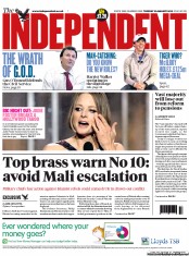 The Independent (UK) Newspaper Front Page for 15 January 2013