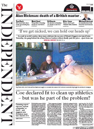 The Independent Newspaper Front Page (UK) for 15 January 2016