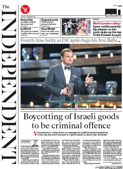 The Independent Newspaper Front Page (UK) for 15 February 2016