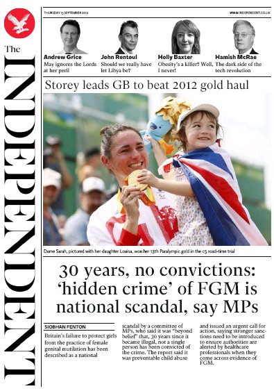 The Independent Newspaper Front Page (UK) for 15 September 2016