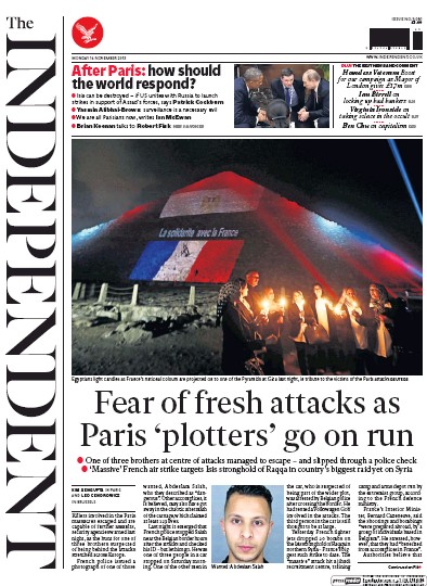 The Independent Newspaper Front Page (UK) for 16 November 2015