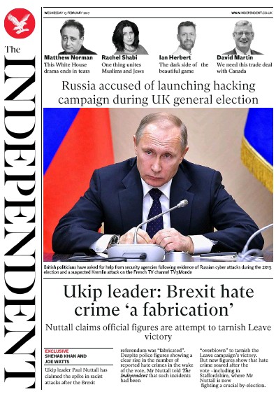 The Independent Newspaper Front Page (UK) for 16 February 2017