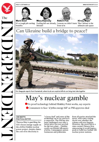 The Independent Newspaper Front Page (UK) for 16 September 2016