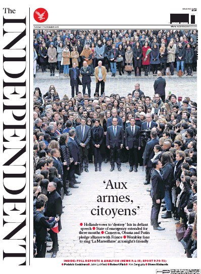 The Independent Newspaper Front Page (UK) for 17 November 2015