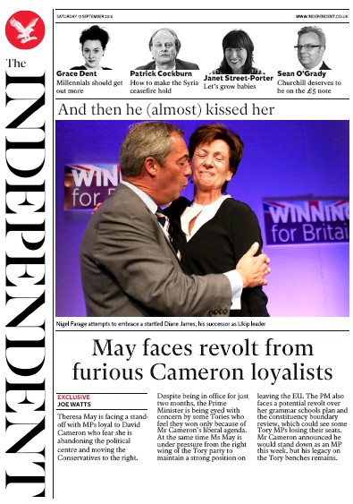 The Independent Newspaper Front Page (UK) for 17 September 2016