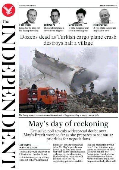 The Independent Newspaper Front Page (UK) for 18 January 2017