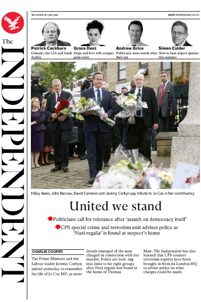 The Independent Newspaper Front Page (UK) for 18 June 2016