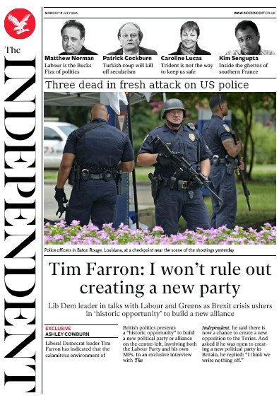 The Independent Newspaper Front Page (UK) for 18 July 2016