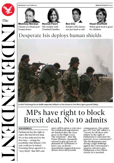 The Independent Newspaper Front Page (UK) for 19 October 2016