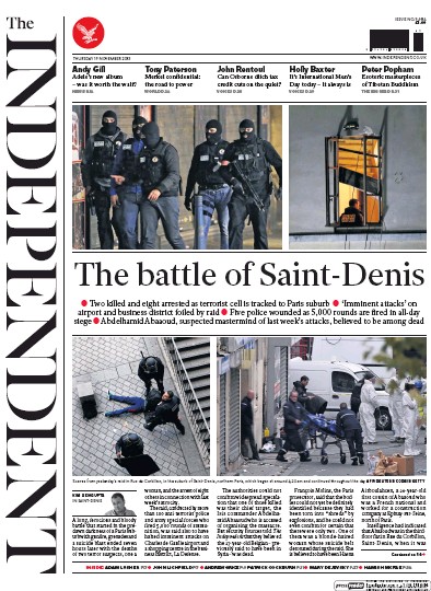 The Independent Newspaper Front Page (UK) for 19 November 2015