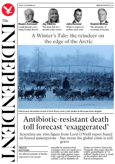 The Independent Newspaper Front Page (UK) for 19 December 2016