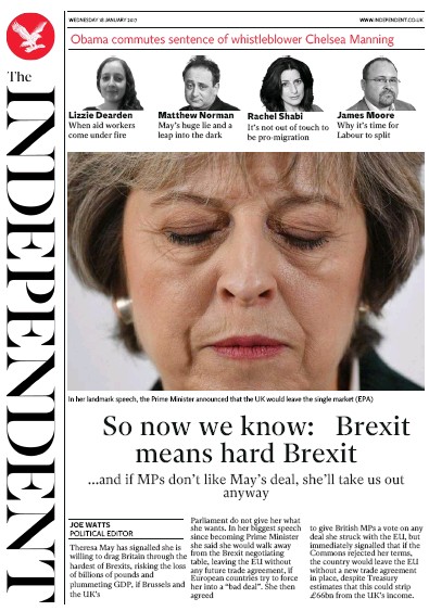 The Independent Newspaper Front Page (UK) for 19 January 2017