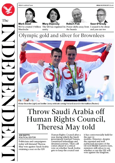 The Independent Newspaper Front Page (UK) for 19 August 2016