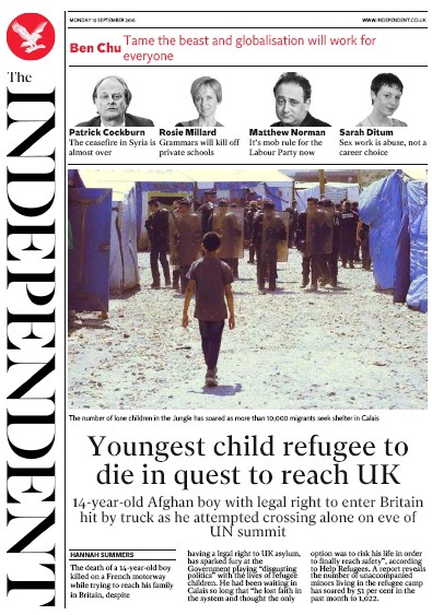 The Independent Newspaper Front Page (UK) for 19 September 2016