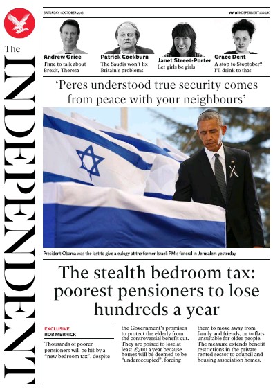 The Independent Newspaper Front Page (UK) for 1 October 2016