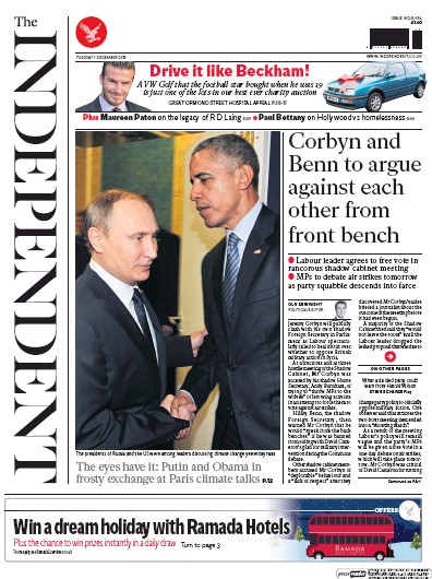 The Independent Newspaper Front Page (UK) for 1 December 2015