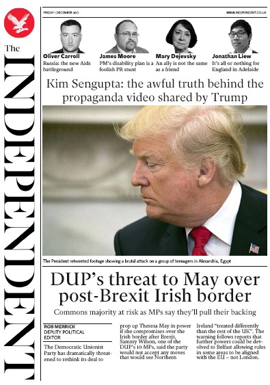 The Independent Newspaper Front Page (UK) for 1 December 2017