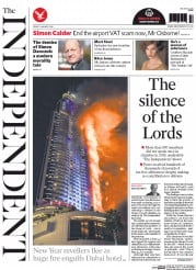 The Independent (UK) Newspaper Front Page for 1 January 2016