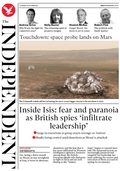 The Independent Newspaper Front Page (UK) for 20 October 2016