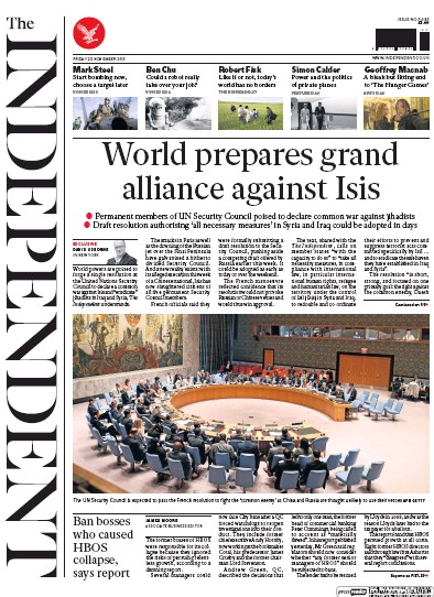The Independent Newspaper Front Page (UK) for 20 November 2015