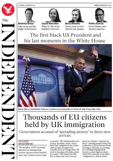 The Independent Newspaper Front Page (UK) for 20 January 2017