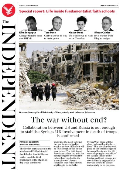 The Independent Newspaper Front Page (UK) for 20 September 2016