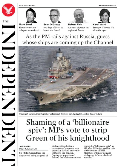 The Independent Newspaper Front Page (UK) for 21 October 2016