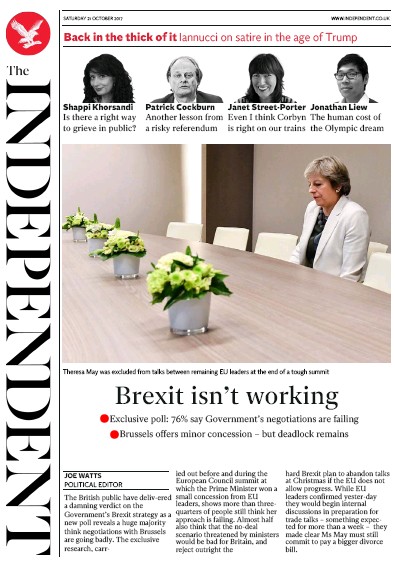 The Independent Newspaper Front Page (UK) for 21 October 2017