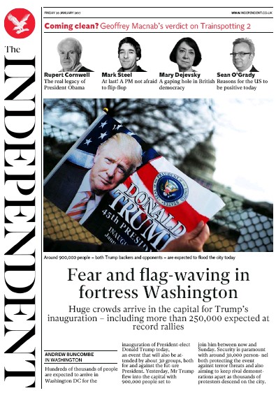 The Independent Newspaper Front Page (UK) for 21 January 2017