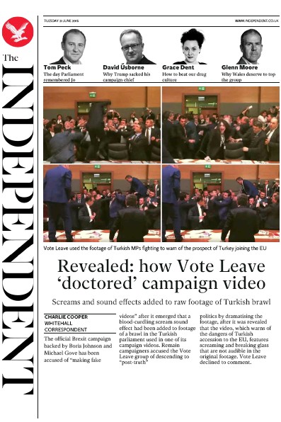 The Independent Newspaper Front Page (UK) for 21 June 2016