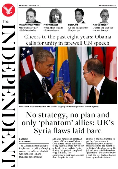 The Independent Newspaper Front Page (UK) for 21 September 2016
