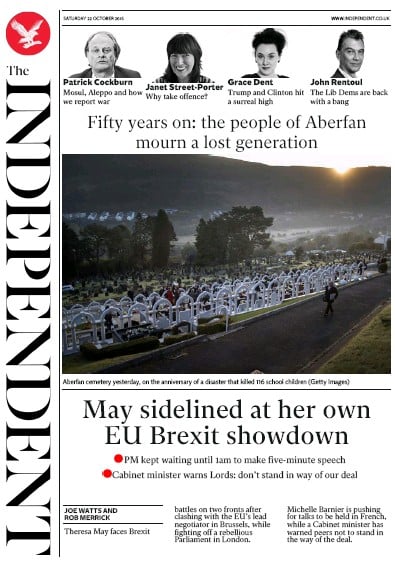 The Independent Newspaper Front Page (UK) for 22 October 2016