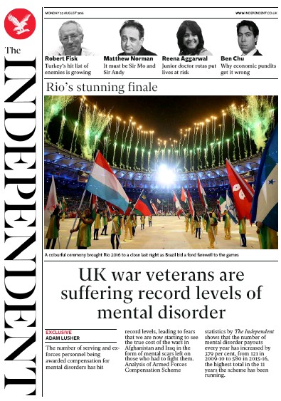 The Independent Newspaper Front Page (UK) for 22 August 2016