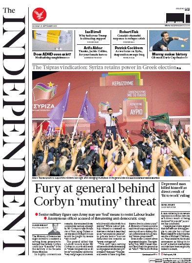 The Independent Newspaper Front Page (UK) for 22 September 2015