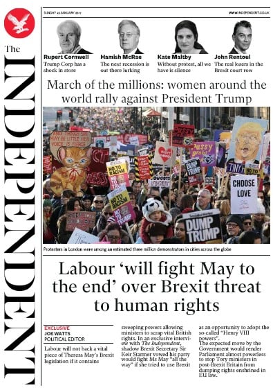 The Independent Newspaper Front Page (UK) for 23 January 2017
