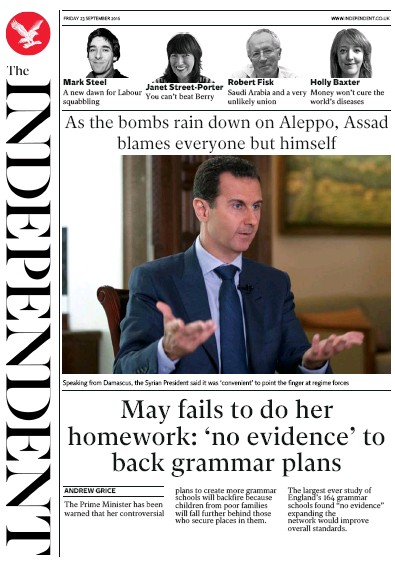 The Independent Newspaper Front Page (UK) for 23 September 2016