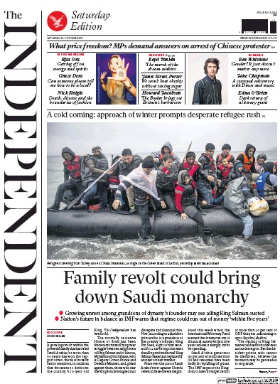 The Independent Newspaper Front Page (UK) for 24 October 2015