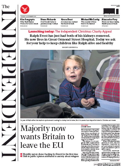 The Independent Newspaper Front Page (UK) for 24 November 2015