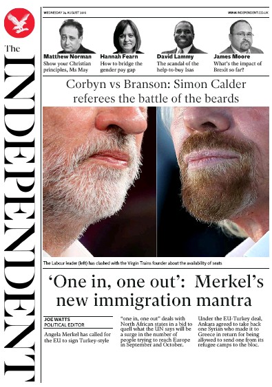 The Independent Newspaper Front Page (UK) for 24 August 2016