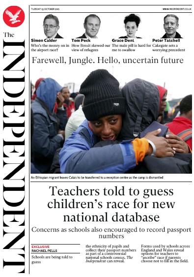 The Independent Newspaper Front Page (UK) for 25 October 2016