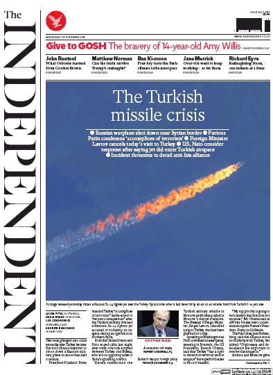 The Independent Newspaper Front Page (UK) for 25 November 2015