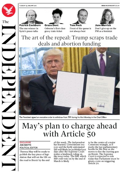 The Independent Newspaper Front Page (UK) for 25 January 2017